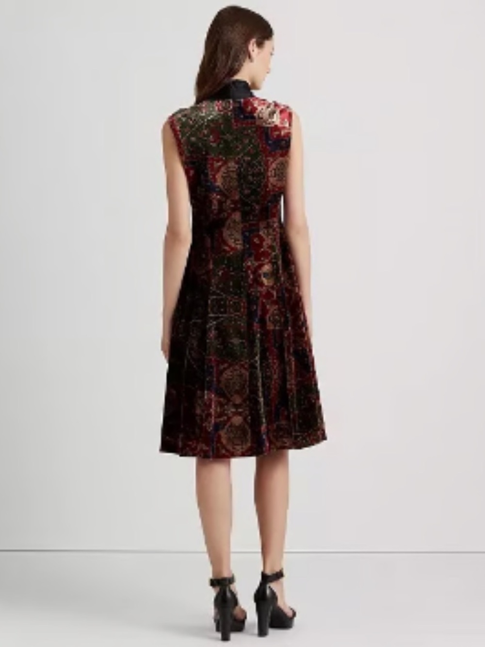 Lauren Ralph Lauren Velvet Paisley A-Line Dress with Black Silk Bow - Picture 2 of 11